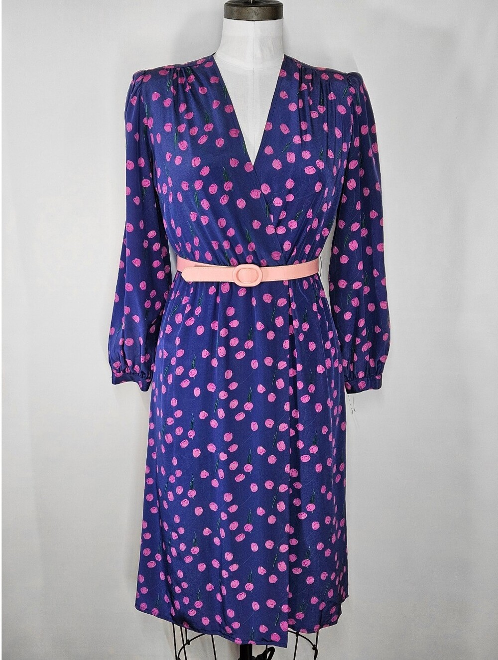 Cymbal Size 8 Wrap Dress 100% Silk Tulip Floral Midi 80s Belted Blue Pink Floral